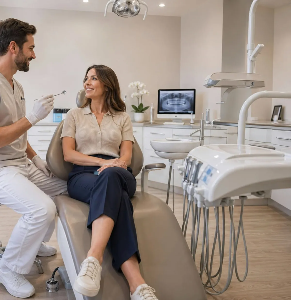Médico dentista a conversar com uma paciente no gabinete (foto de amostra)